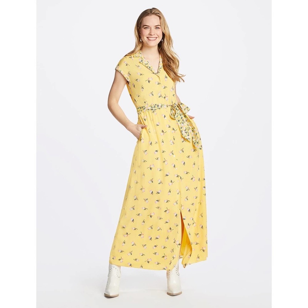 Draper James Floral Maxi Shirt Dress Belted Button Short Sleeve Yellow XS NWT